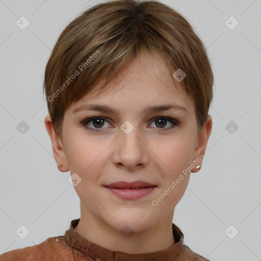 Joyful white young-adult female with short  brown hair and grey eyes