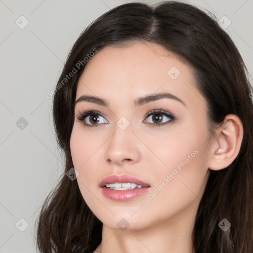 Neutral white young-adult female with long  brown hair and brown eyes