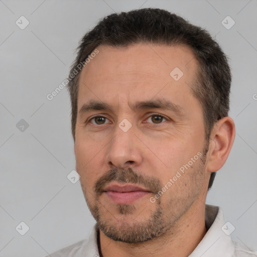 Neutral white adult male with short  brown hair and brown eyes