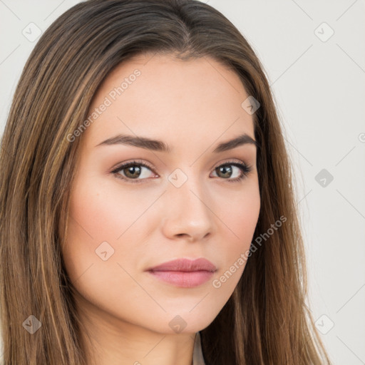 Neutral white young-adult female with long  brown hair and brown eyes