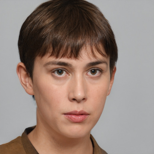 Neutral white young-adult female with short  brown hair and grey eyes