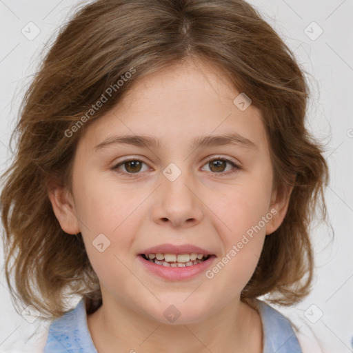 Joyful white child female with medium  brown hair and brown eyes