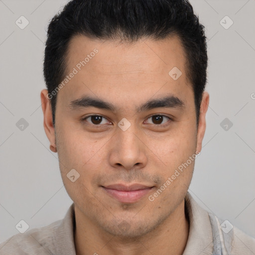 Neutral latino young-adult male with short  brown hair and brown eyes