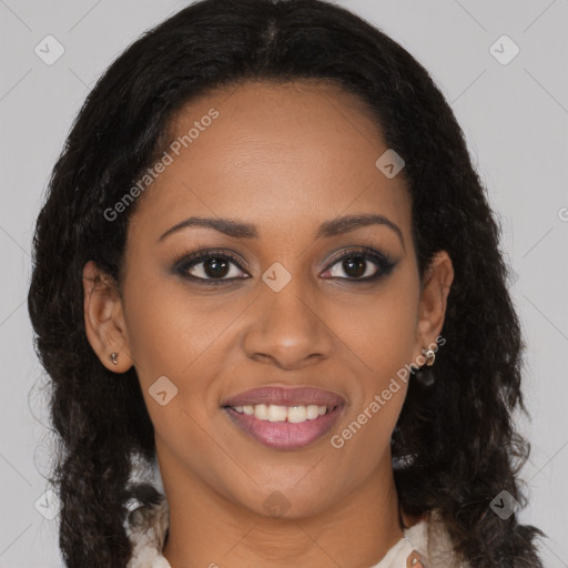 Joyful black young-adult female with medium  brown hair and brown eyes