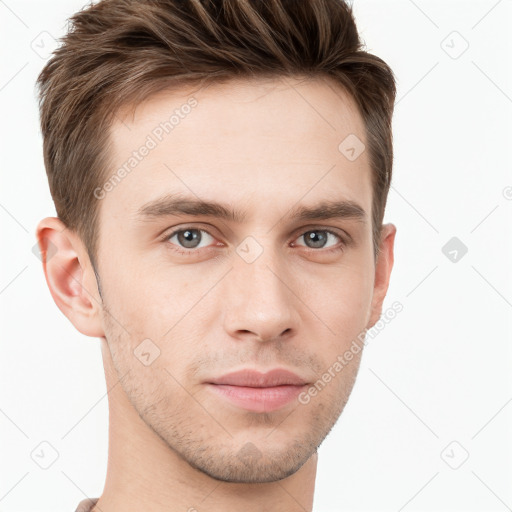 Neutral white young-adult male with short  brown hair and grey eyes