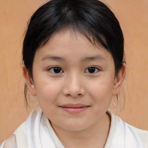 Joyful white child female with medium  brown hair and brown eyes