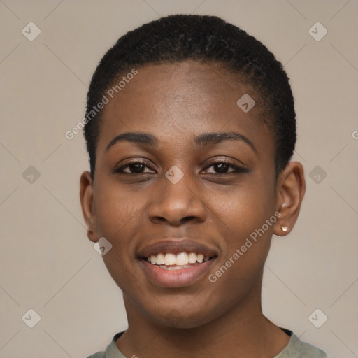 Joyful black young-adult female with short  black hair and brown eyes