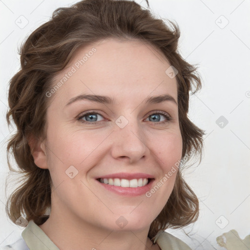 Joyful white young-adult female with medium  brown hair and green eyes