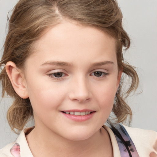 Joyful white child female with medium  brown hair and brown eyes