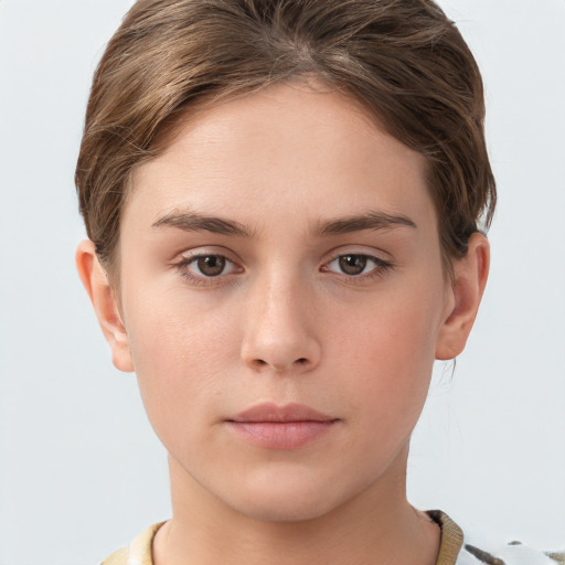 Neutral white young-adult female with short  brown hair and grey eyes