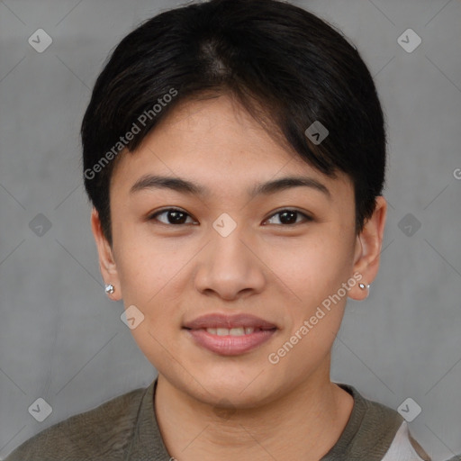 Joyful asian young-adult female with short  brown hair and brown eyes