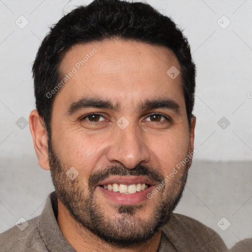 Joyful white young-adult male with short  black hair and brown eyes