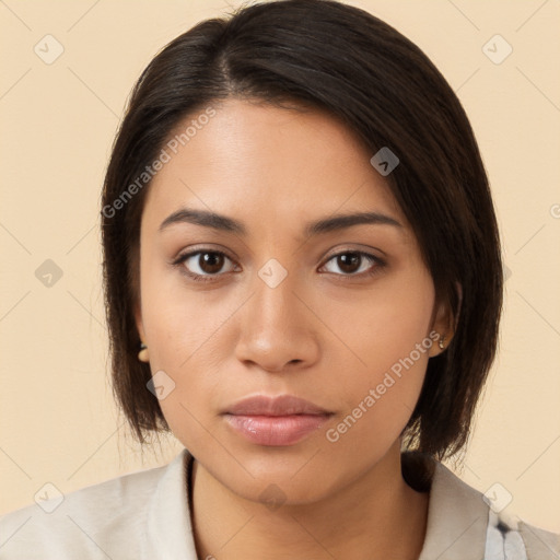 Neutral latino young-adult female with medium  brown hair and brown eyes