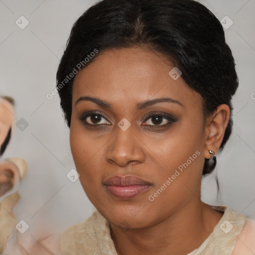 Joyful black young-adult female with medium  brown hair and brown eyes