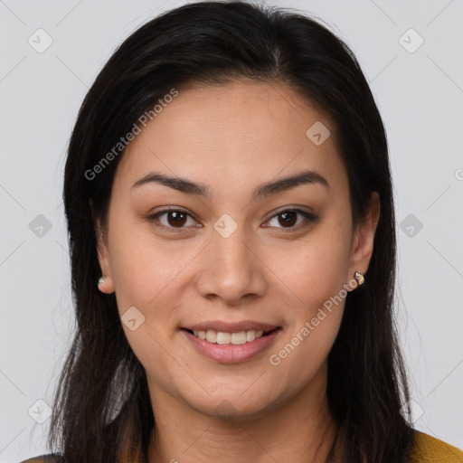 Joyful latino young-adult female with long  brown hair and brown eyes