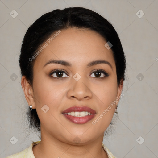 Joyful latino young-adult female with medium  black hair and brown eyes