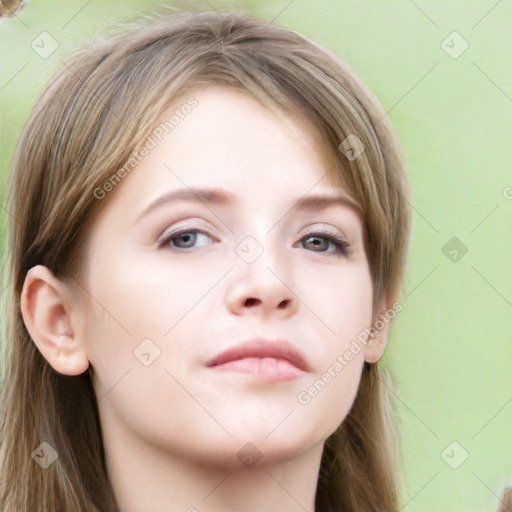 Neutral white young-adult female with long  brown hair and grey eyes