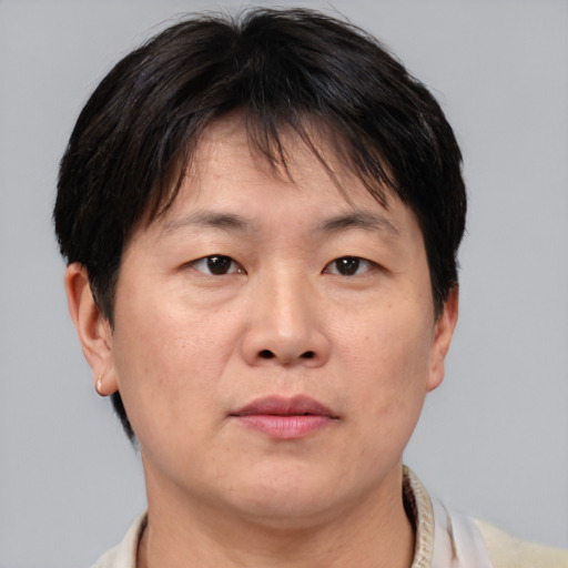 Neutral asian adult male with short  brown hair and brown eyes