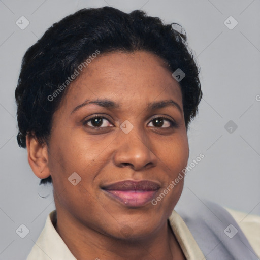 Joyful black adult female with short  brown hair and brown eyes