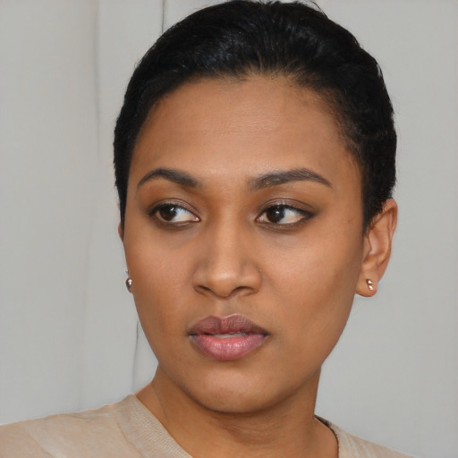 Neutral asian young-adult female with short  black hair and brown eyes