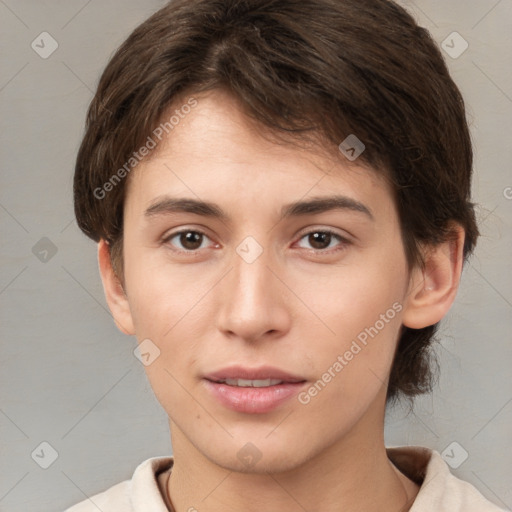 Neutral white young-adult female with medium  brown hair and brown eyes