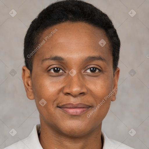 Joyful black young-adult male with short  brown hair and brown eyes