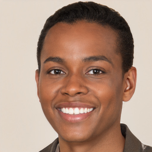 Joyful black young-adult male with short  brown hair and brown eyes