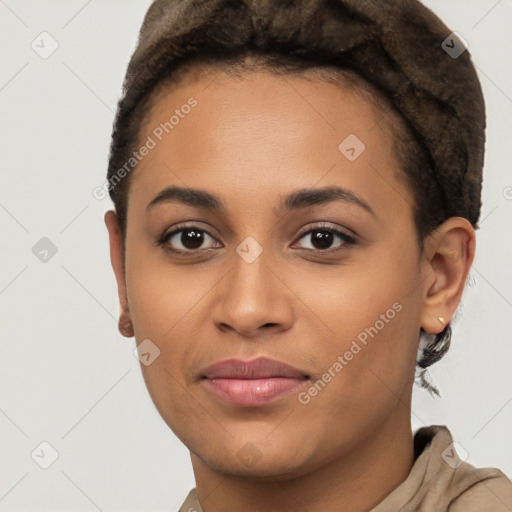 Joyful latino young-adult female with short  brown hair and brown eyes