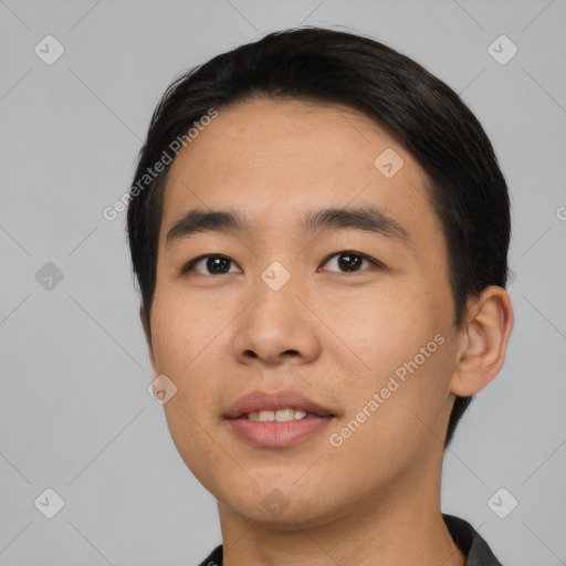 Neutral asian young-adult male with short  black hair and brown eyes