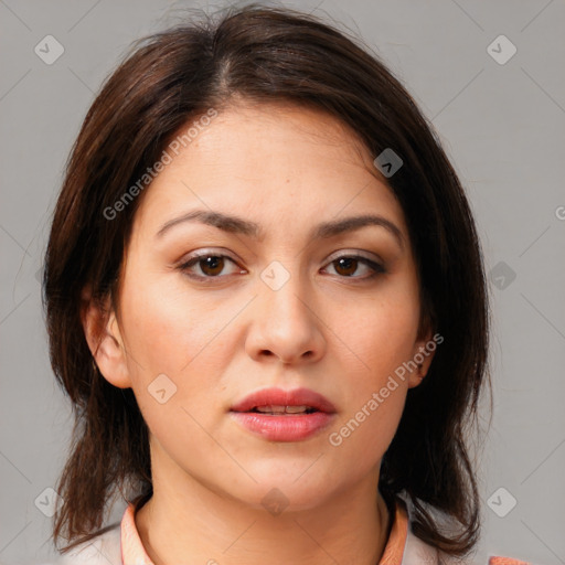Neutral white young-adult female with medium  brown hair and brown eyes