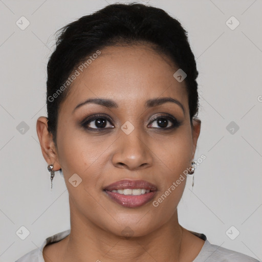 Joyful latino young-adult female with short  brown hair and brown eyes