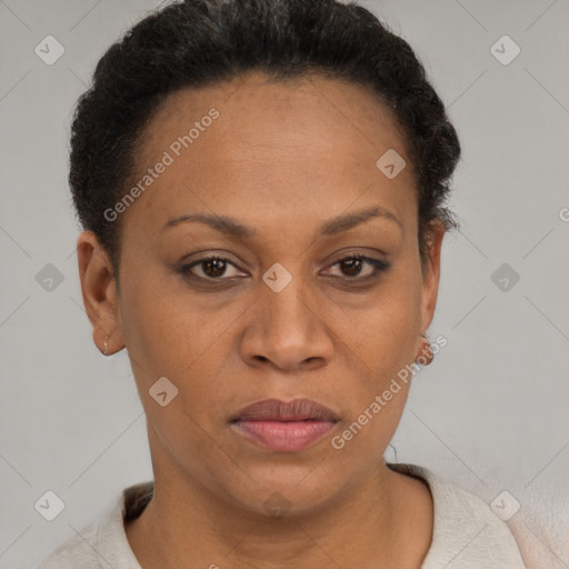 Joyful black adult female with short  brown hair and brown eyes