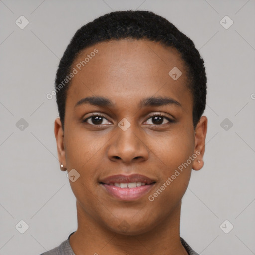 Joyful black young-adult male with short  black hair and brown eyes