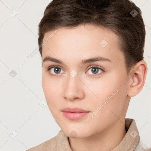 Neutral white young-adult female with short  brown hair and brown eyes