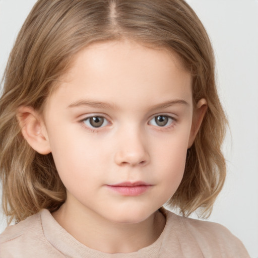 Neutral white child female with medium  brown hair and grey eyes