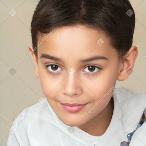 Joyful white child female with short  brown hair and brown eyes