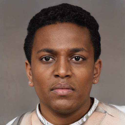 Neutral black young-adult male with short  black hair and brown eyes