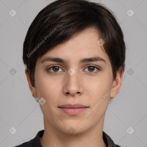 Neutral white young-adult female with short  brown hair and brown eyes