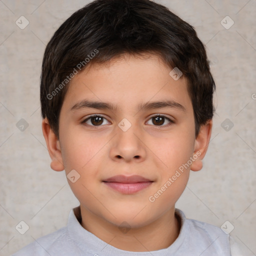 Joyful white child male with short  brown hair and brown eyes