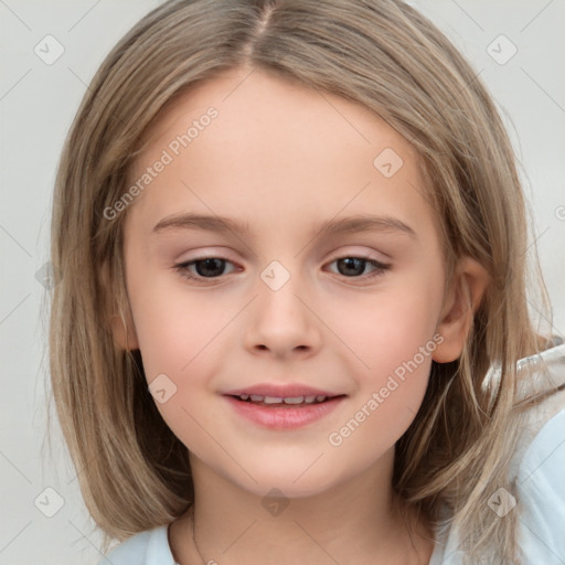 Joyful white child female with medium  brown hair and brown eyes