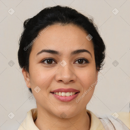 Joyful latino young-adult female with short  brown hair and brown eyes