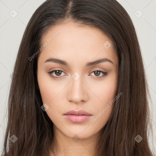 Neutral white young-adult female with long  brown hair and brown eyes