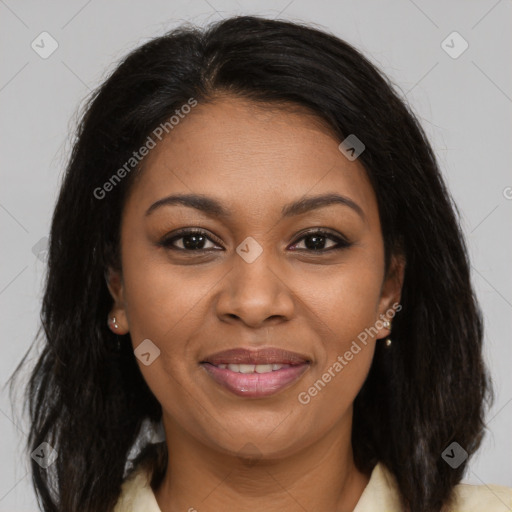 Joyful black young-adult female with medium  brown hair and brown eyes
