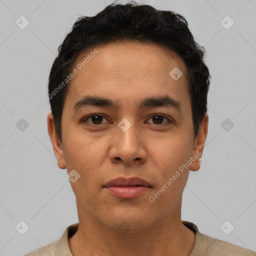 Neutral latino young-adult male with short  black hair and brown eyes