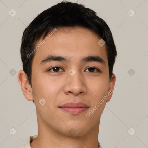 Joyful asian young-adult male with short  brown hair and brown eyes