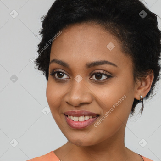 Joyful latino young-adult female with medium  black hair and brown eyes