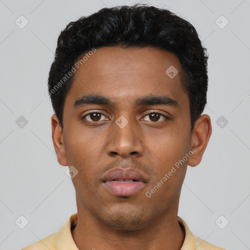 Neutral latino young-adult male with short  black hair and brown eyes