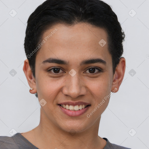 Joyful asian young-adult female with short  brown hair and brown eyes