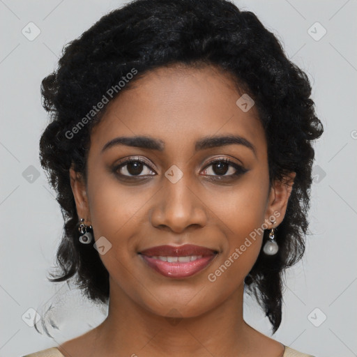 Joyful black young-adult female with medium  black hair and brown eyes