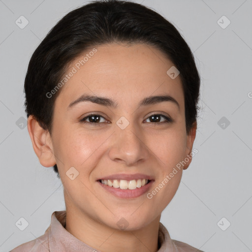 Joyful white young-adult female with short  brown hair and brown eyes